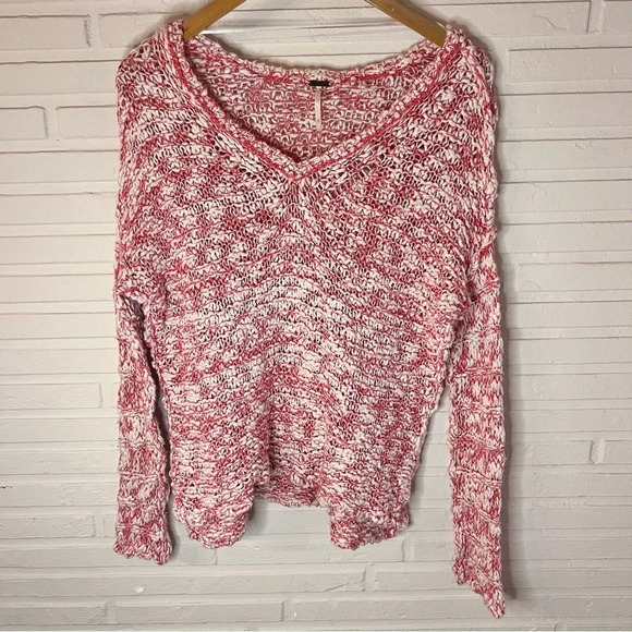 Free People Red White Cotton Linen Blend Open Knit Sweater, Women’s Size Small - Picture 1 of 10